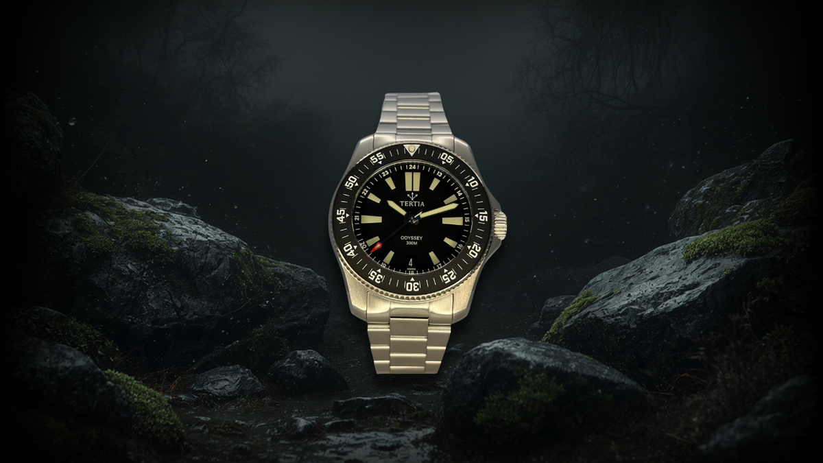 A stainless steel dive watch with a black dial, centered against a dark, moody forest and rock background.