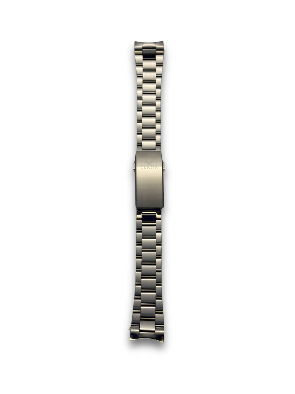 Metal link watch bracelet with clasp underside view