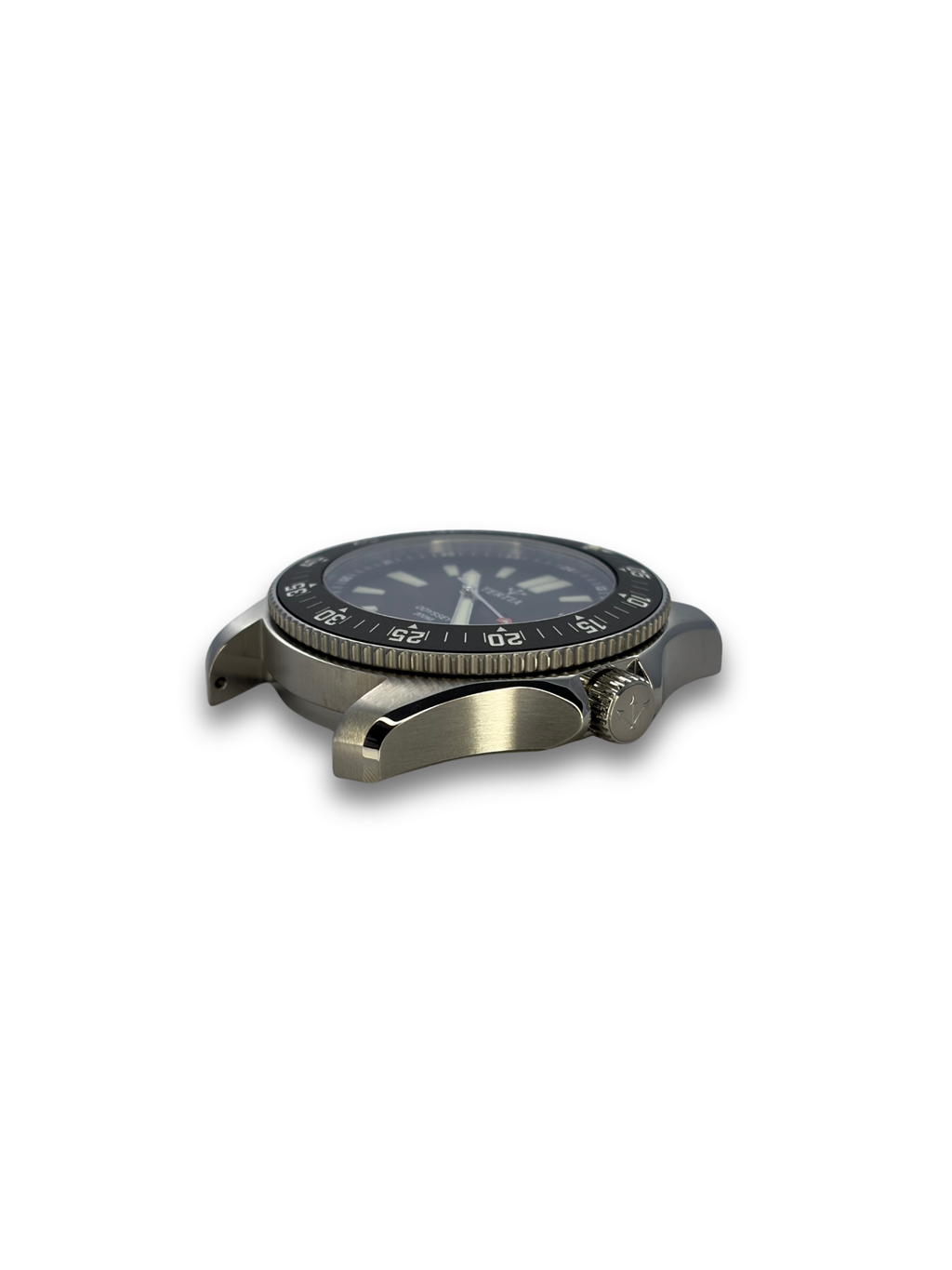 Brushed metal diving-style watch with dark blue dial and crown at 3 o'clock