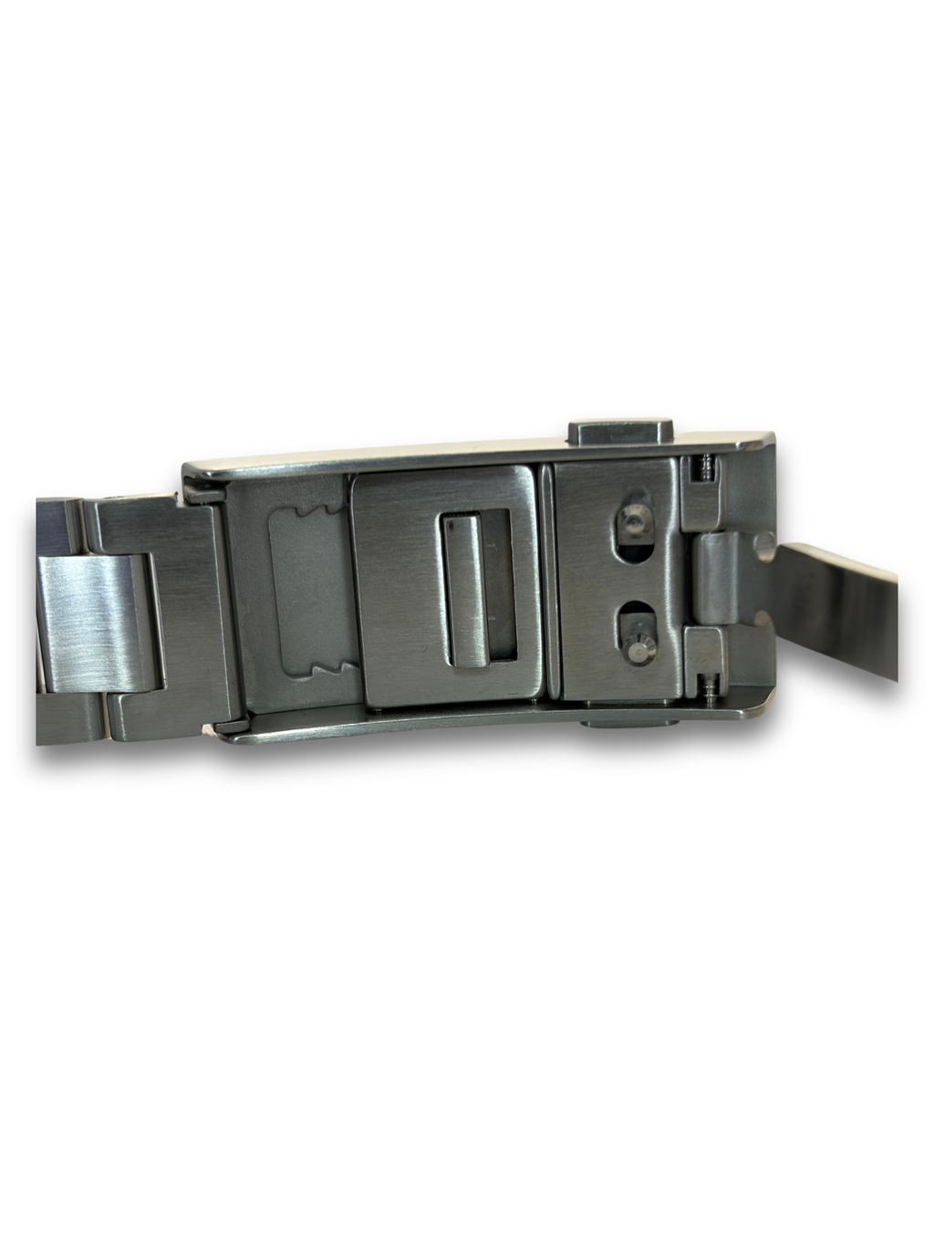 Metal watch clasp mechanism with folding release tabs on the underside