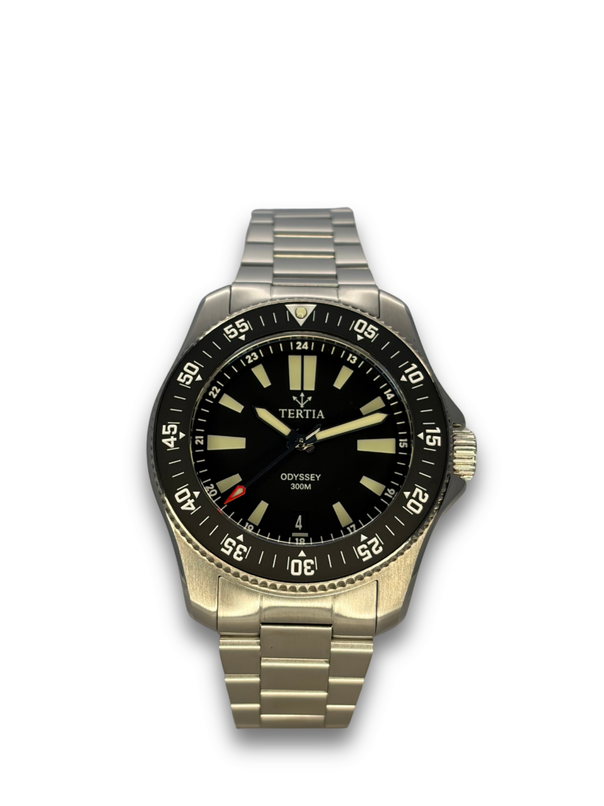 Round stainless steel watch with dark dial, gold tone accents, and metal bracelet