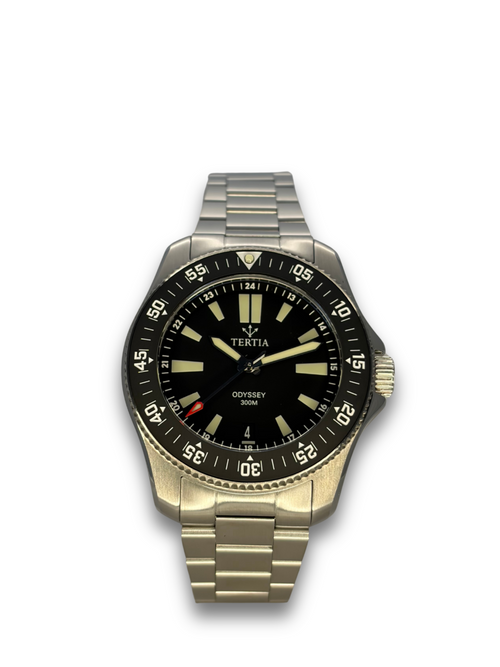 Round stainless steel watch with dark dial, gold tone accents, and metal bracelet