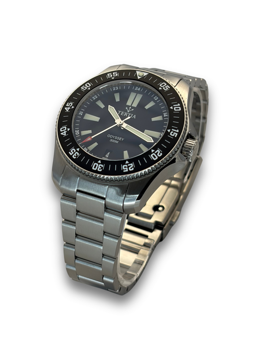 Angled view of stainless steel watch with dark dial, gold tone bezel, and crown
