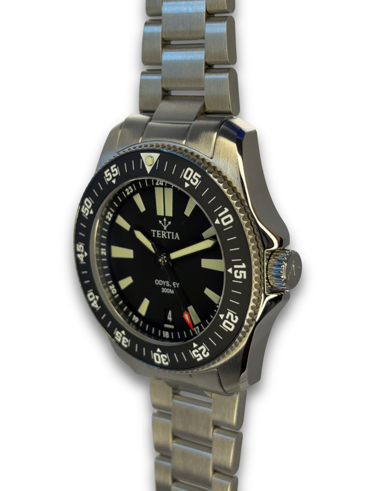 Steel wristwatch with black dial, luminous markers, and metal bracelet