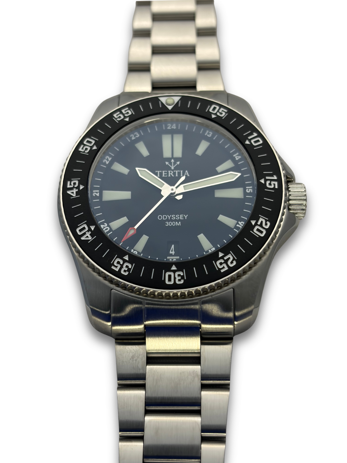 Blue dial stainless steel watch with luminous hands and black ridged bezel