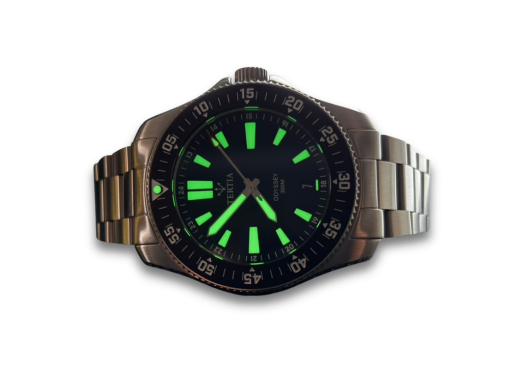 Stainless steel diver-style watch with bright green luminous dial markers