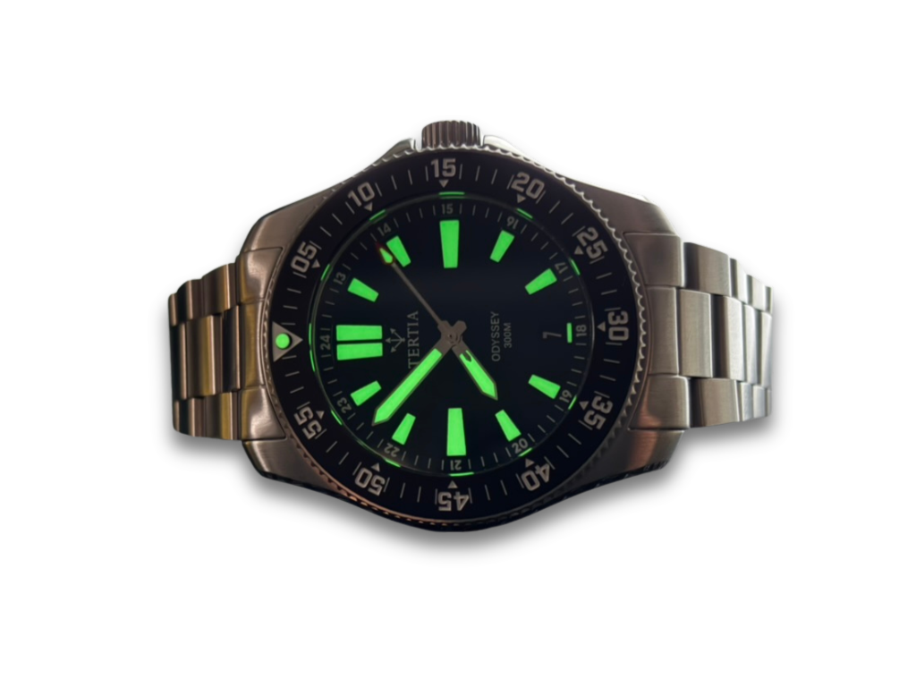 Stainless steel diver-style watch with bright green luminous dial markers