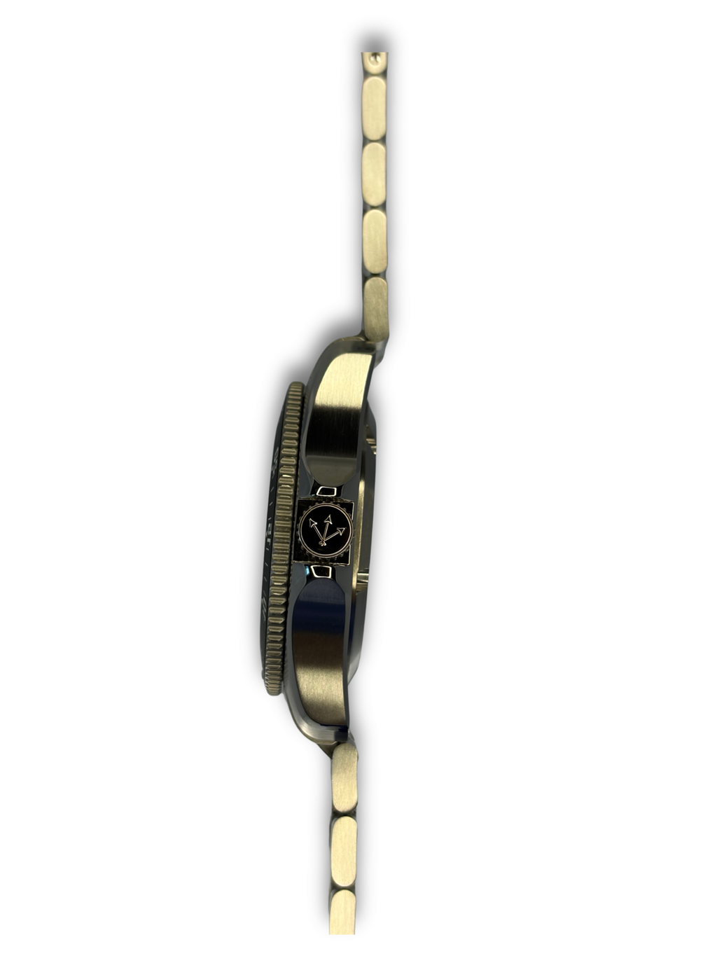 Side profile of stainless steel watch with crown and brushed metal bracelet